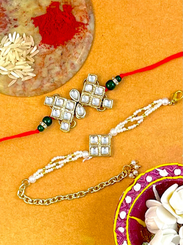 Karatcart Rakhi for Brother and Bhabhi Set of 2 Gold Plated Handmade Kundan Bhiya Bhabhi Rakhi Combo with Roli & Chawal