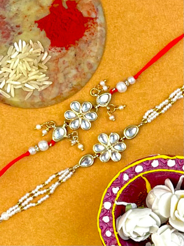 Karatcart Rakhi for Brother and Bhabhi Set of 2 Gold Plated Handmade Kundan Bhiya Bhabhi Rakhi Combo with Roli & Chawal