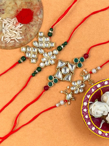 Set of 4 Gold Plated Kundan Rakhi For Brother.