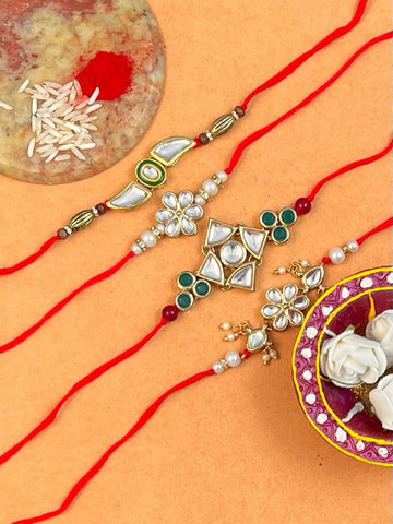 Set of 4 Gold Plated Kundan Rakhi For Brother.