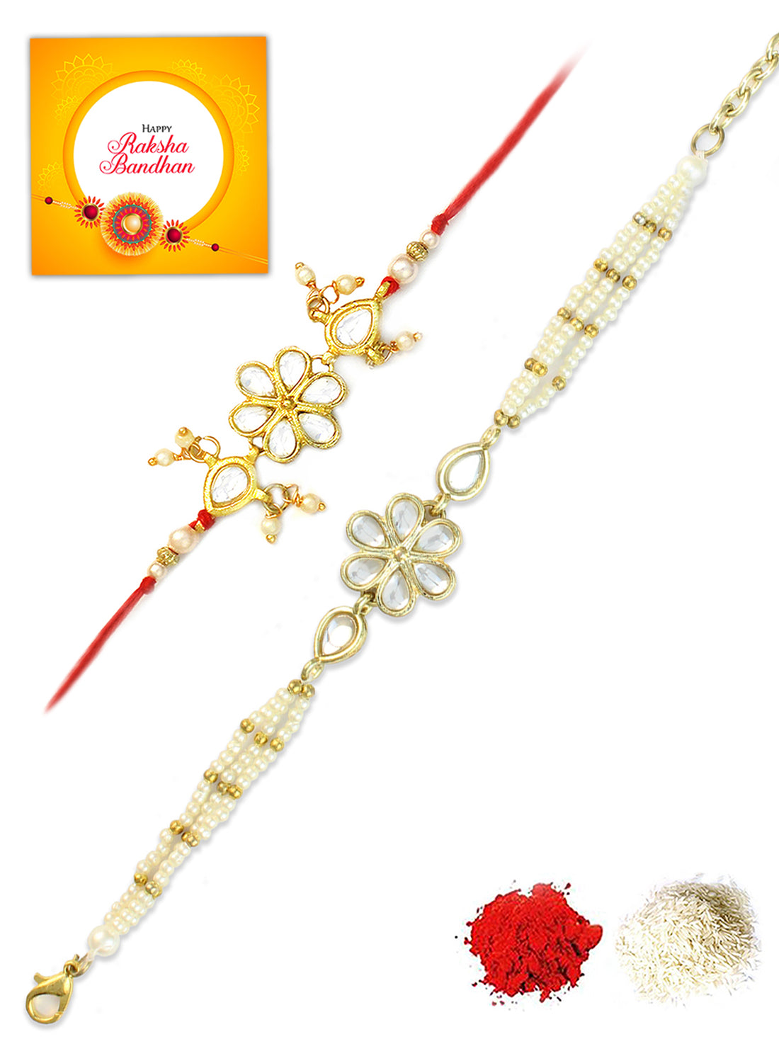 Karatcart Rakhi for Brother and Bhabhi Set of 2 Gold Plated Handmade Kundan Bhiya Bhabhi Rakhi Combo with Roli & Chawal