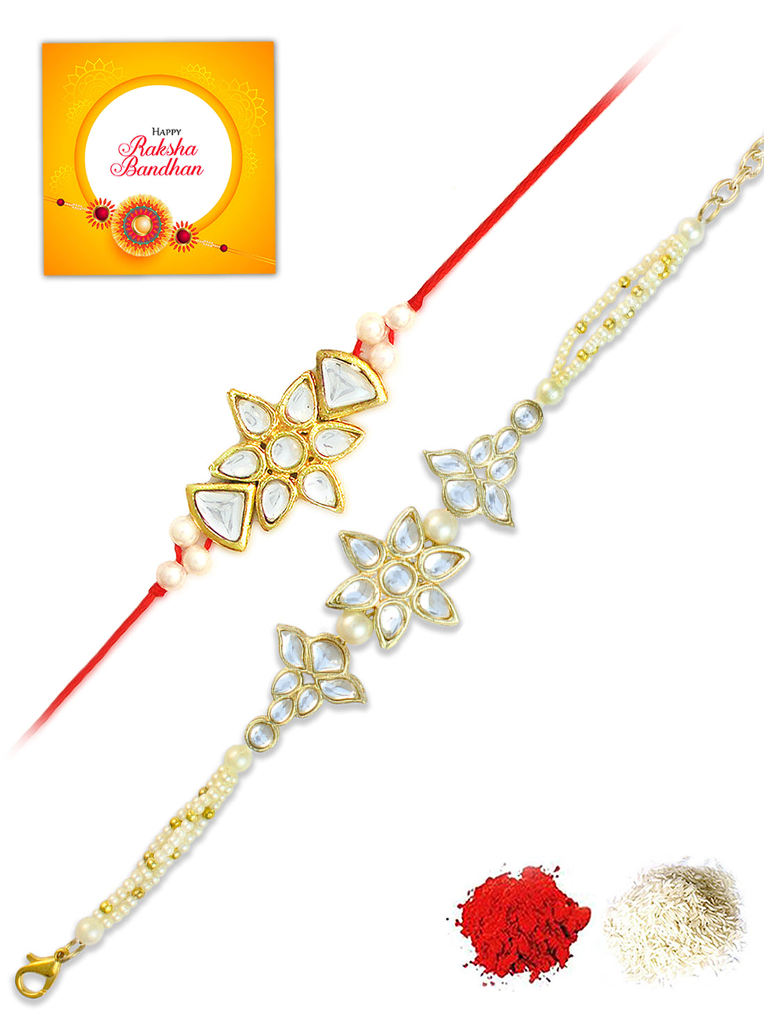 Karatcart Rakhi for Brother and Bhabhi Set of 2 Gold Plated Handmade Kundan Bhiya Bhabhi Rakhi Combo with Roli & Chawal