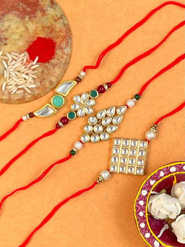 Set of 4 Gold Plated Kundan Rakhi For Brother.