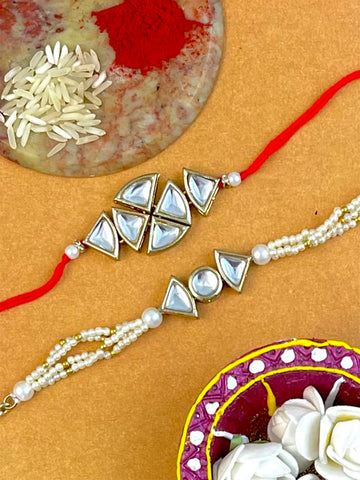 Karatcart Rakhi for Brother and Bhabhi Set of 2 Gold Plated Handmade Kundan Bhiya Bhabhi Rakhi Combo with Roli & Chawal