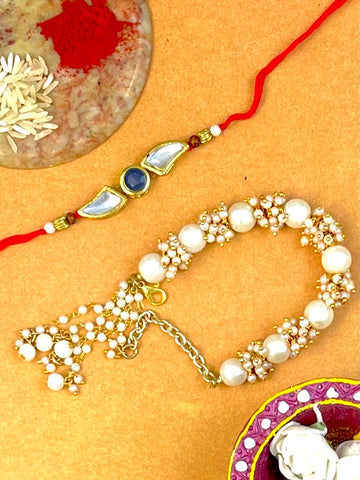 Karatcart Rakhi for Brother and Bhabhi Set of 2 Gold Plated Handmade Kundan Bhiya Bhabhi Rakhi Combo with Roli & Chawal