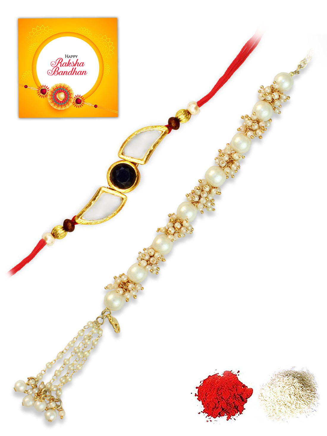 Karatcart Rakhi for Brother and Bhabhi Set of 2 Gold Plated Handmade Kundan Bhiya Bhabhi Rakhi Combo with Roli & Chawal