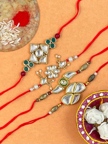 Set of 4 Gold Plated Kundan Rakhi For Brother.