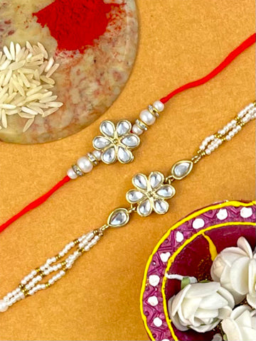 Karatcart Rakhi for Brother and Bhabhi Set of 2 Gold Plated Handmade Kundan Bhiya Bhabhi Rakhi Combo with Roli & Chawal