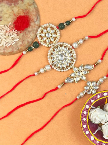 Set of 4 Gold Plated Handmade Kundan Rakhi Combo with Roli & Chawal