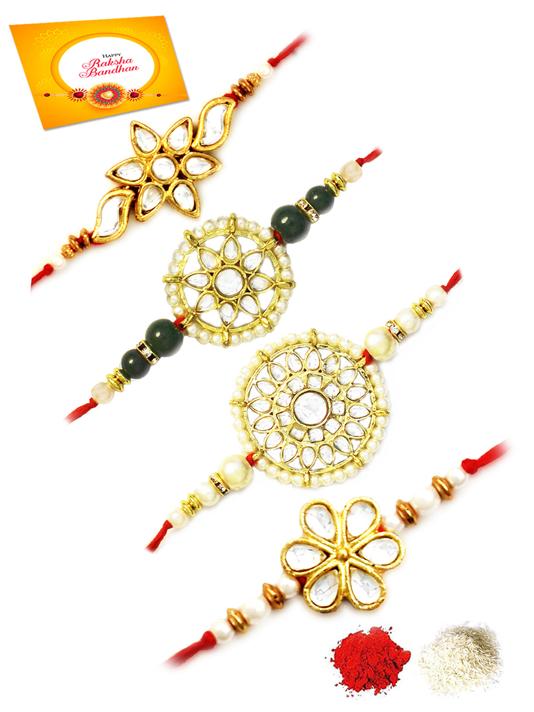 Set of 4 Gold Plated Handmade Kundan Rakhi Combo with Roli & Chawal