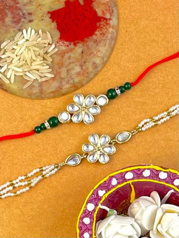 Karatcart Rakhi for Brother and Bhabhi Set of 2 Gold Plated Handmade Kundan Bhiya Bhabhi Rakhi Combo with Roli & Chawal