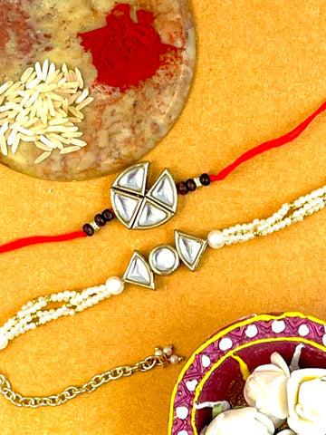 Karatcart Rakhi for Brother and Bhabhi Set of 2 Gold Plated Handmade Kundan Bhiya Bhabhi Rakhi Combo with Roli & Chawal