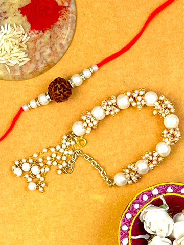 Karatcart Rakhi for Brother and Bhabhi Set of 2 Gold Plated Handmade Kundan Bhiya Bhabhi Rakhi Combo with Roli & Chawal