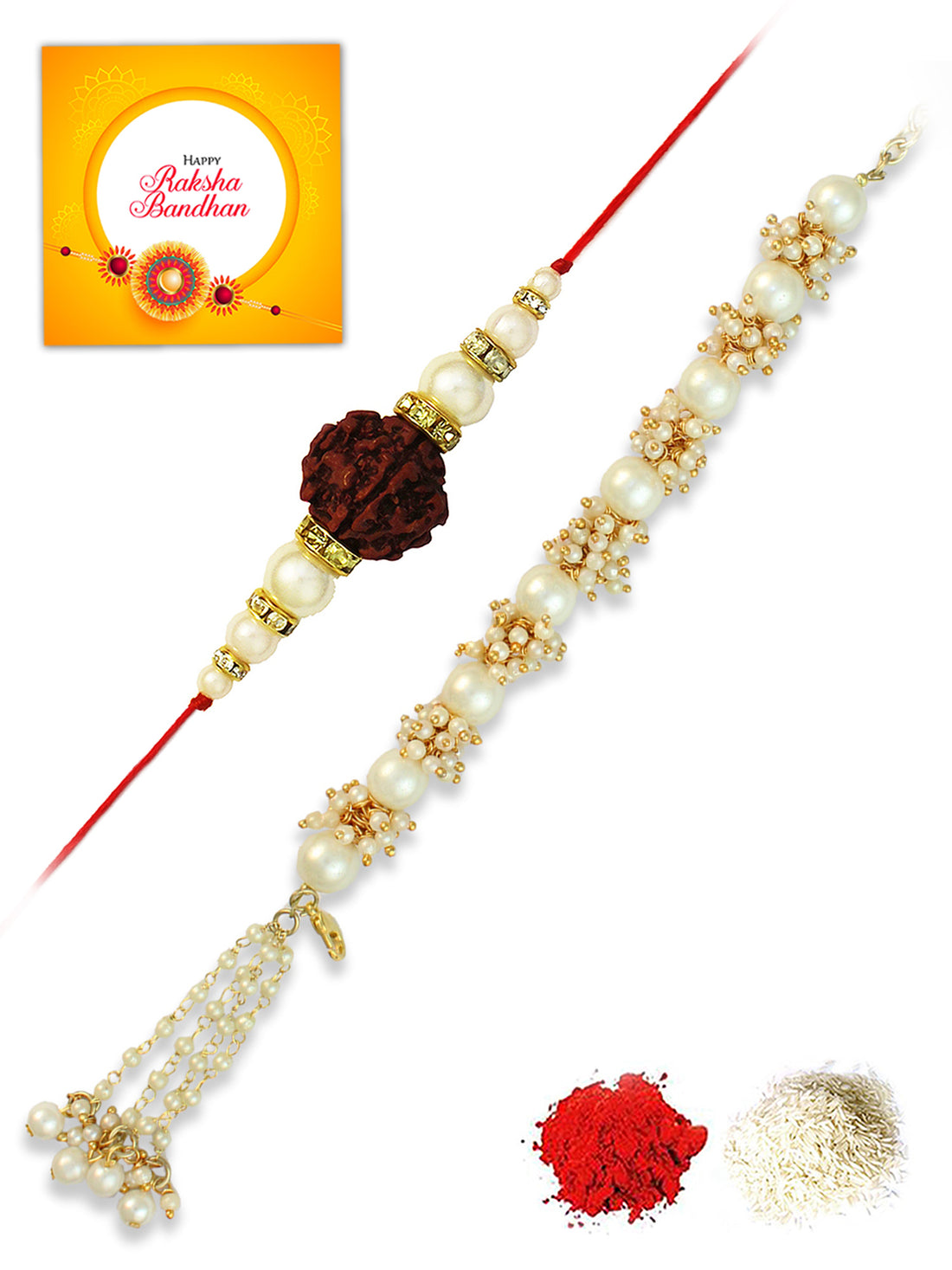 Karatcart Rakhi for Brother and Bhabhi Set of 2 Gold Plated Handmade Kundan Bhiya Bhabhi Rakhi Combo with Roli & Chawal