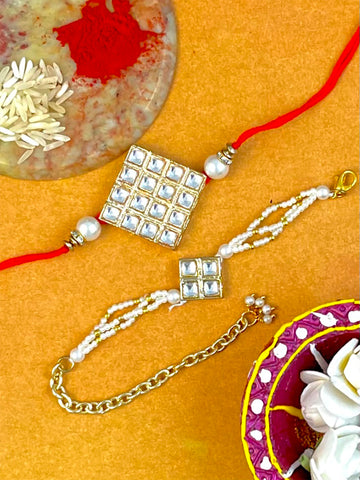 Karatcart Rakhi for Brother and Bhabhi Set of 2 Gold Plated Handmade Kundan Bhiya Bhabhi Rakhi Combo with Roli & Chawal