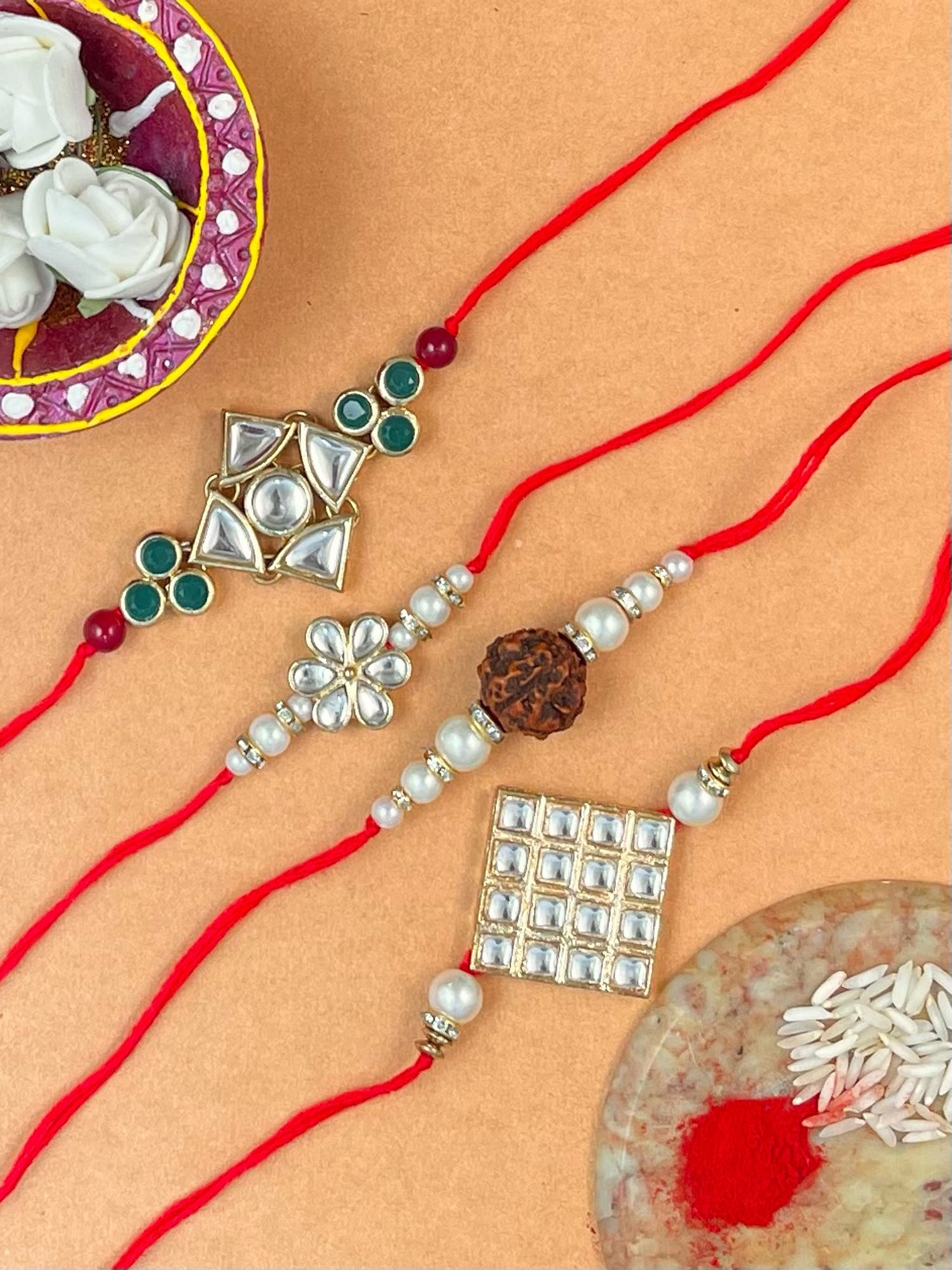 Set of 4 Gold Plated Kundan Rakhi For Brother.