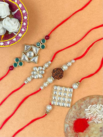 Set of 4 Gold Plated Kundan Rakhi For Brother.