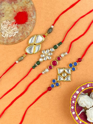 Set of 4 Gold Plated Kundan Rakhi For Brother.