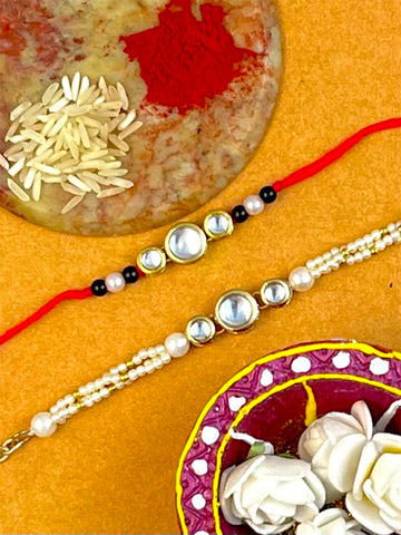 Karatcart Rakhi for Brother and Bhabhi Set of 2 Gold Plated Handmade Kundan Bhiya Bhabhi Rakhi Combo with Roli & Chawal