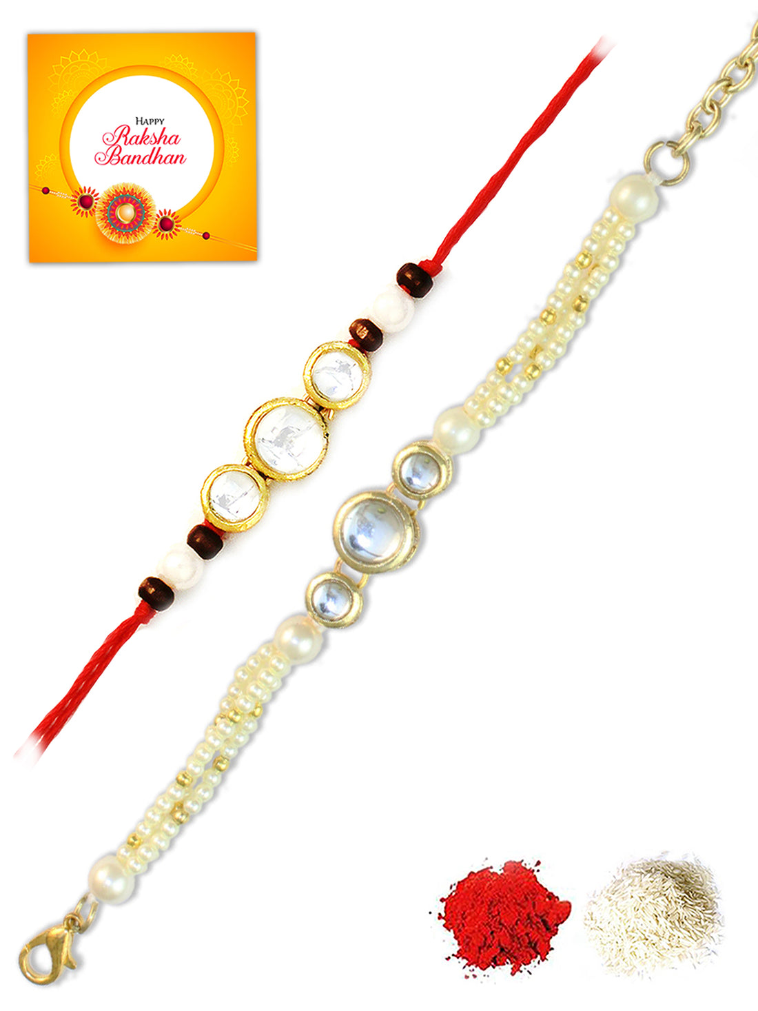 Karatcart Rakhi for Brother and Bhabhi Set of 2 Gold Plated Handmade Kundan Bhiya Bhabhi Rakhi Combo with Roli & Chawal