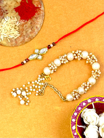 Karatcart Rakhi for Brother and Bhabhi Set of 2 Gold Plated Handmade Kundan Bhiya Bhabhi Rakhi Combo with Roli & Chawal