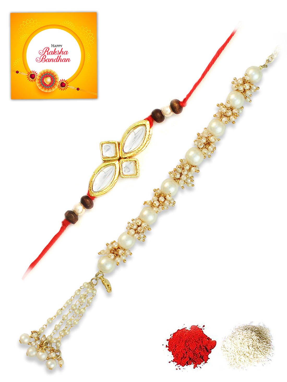 Karatcart Rakhi for Brother and Bhabhi Set of 2 Gold Plated Handmade Kundan Bhiya Bhabhi Rakhi Combo with Roli & Chawal