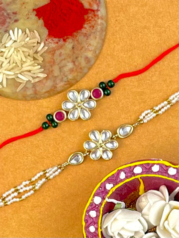 Karatcart Rakhi for Brother and Bhabhi Set of 2 Gold Plated Handmade Kundan Bhiya Bhabhi Rakhi Combo with Roli & Chawal