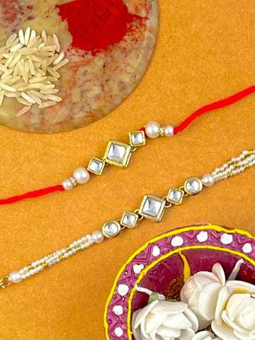 Karatcart Rakhi for Brother and Bhabhi Set of 2 Gold Plated Handmade Kundan Bhiya Bhabhi Rakhi Combo with Roli & Chawal