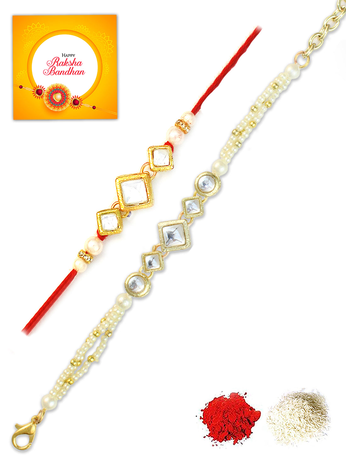 Karatcart Rakhi for Brother and Bhabhi Set of 2 Gold Plated Handmade Kundan Bhiya Bhabhi Rakhi Combo with Roli & Chawal