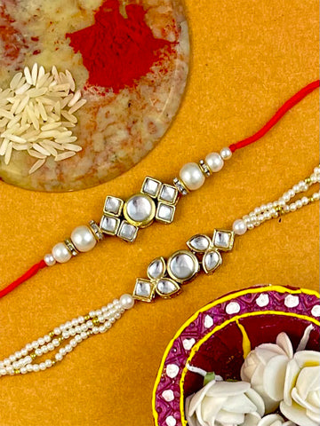 Karatcart Rakhi for Brother and Bhabhi Set of 2 Gold Plated Handmade Kundan Bhiya Bhabhi Rakhi Combo with Roli & Chawal