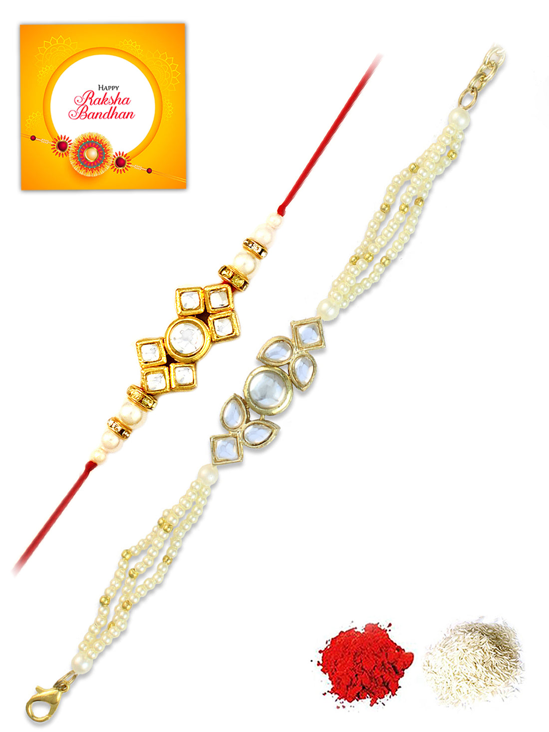 Karatcart Rakhi for Brother and Bhabhi Set of 2 Gold Plated Handmade Kundan Bhiya Bhabhi Rakhi Combo with Roli & Chawal