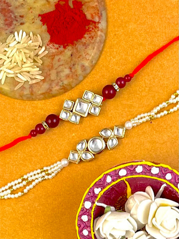 Karatcart Rakhi for Brother and Bhabhi Set of 2 Gold Plated Handmade Kundan Bhiya Bhabhi Rakhi Combo with Roli & Chawal