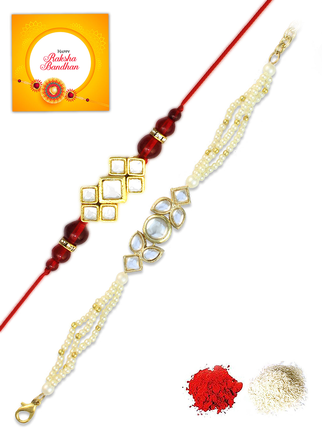 Karatcart Rakhi for Brother and Bhabhi Set of 2 Gold Plated Handmade Kundan Bhiya Bhabhi Rakhi Combo with Roli & Chawal