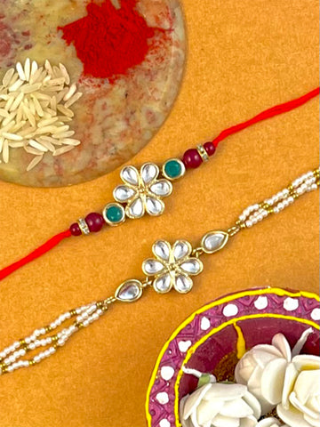 Karatcart Rakhi for Brother and Bhabhi Set of 2 Gold Plated Handmade Kundan Bhiya Bhabhi Rakhi Combo with Roli & Chawal