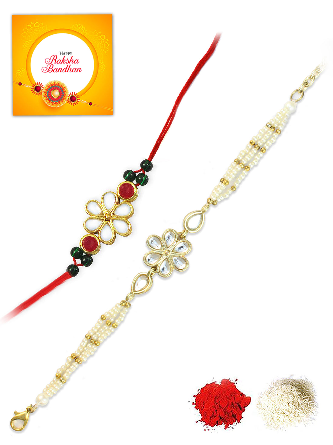 Karatcart Rakhi for Brother and Bhabhi Set of 2 Gold Plated Handmade Kundan Bhiya Bhabhi Rakhi Combo with Roli & Chawal