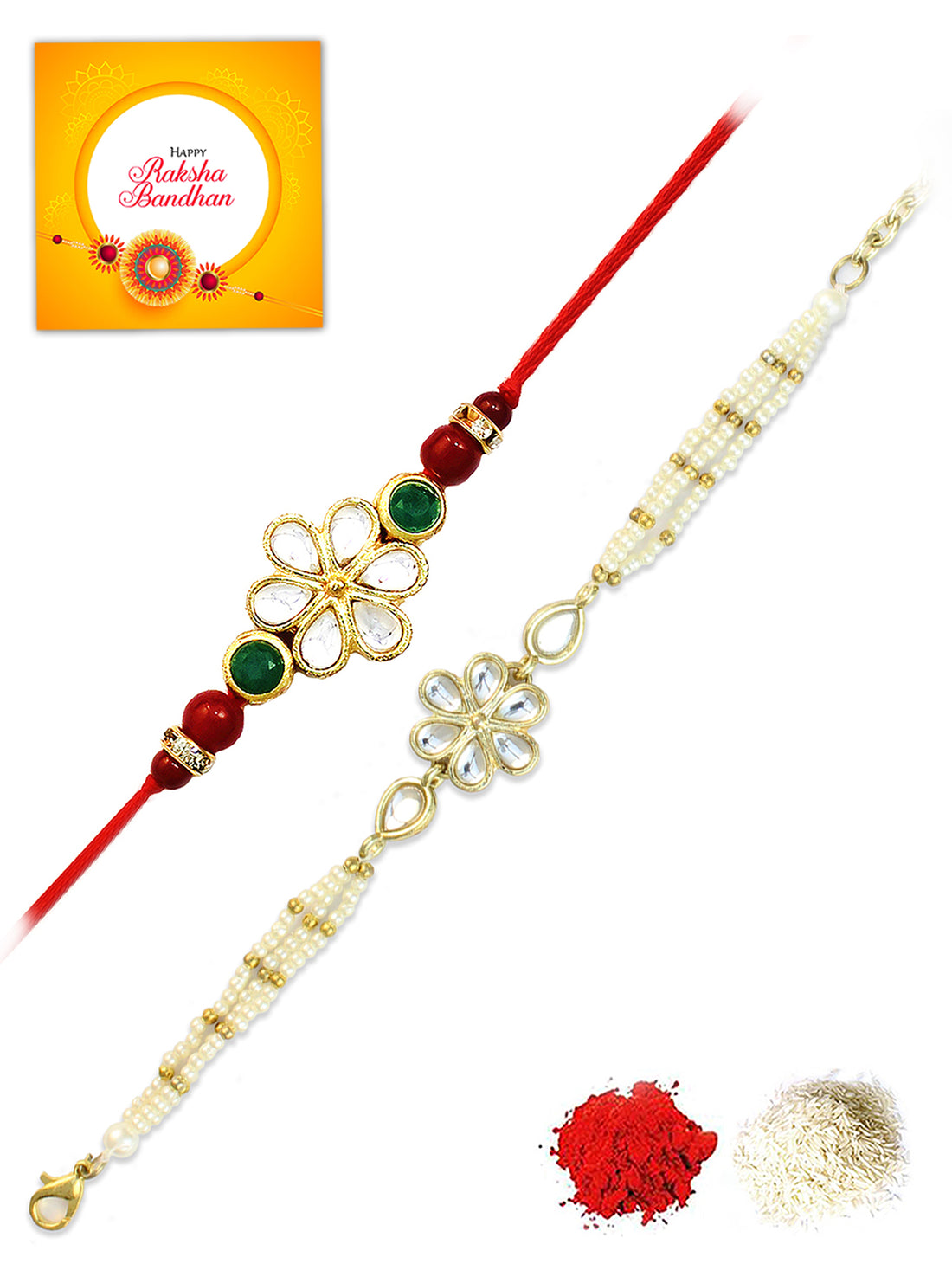 Karatcart Rakhi for Brother and Bhabhi Set of 2 Gold Plated Handmade Kundan Bhiya Bhabhi Rakhi Combo with Roli & Chawal