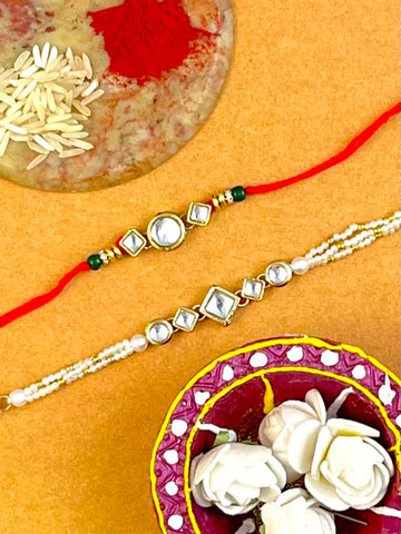 Karatcart Rakhi for Brother and Bhabhi Set of 2 Gold Plated Handmade Kundan Bhiya Bhabhi Rakhi Combo with Roli & Chawal