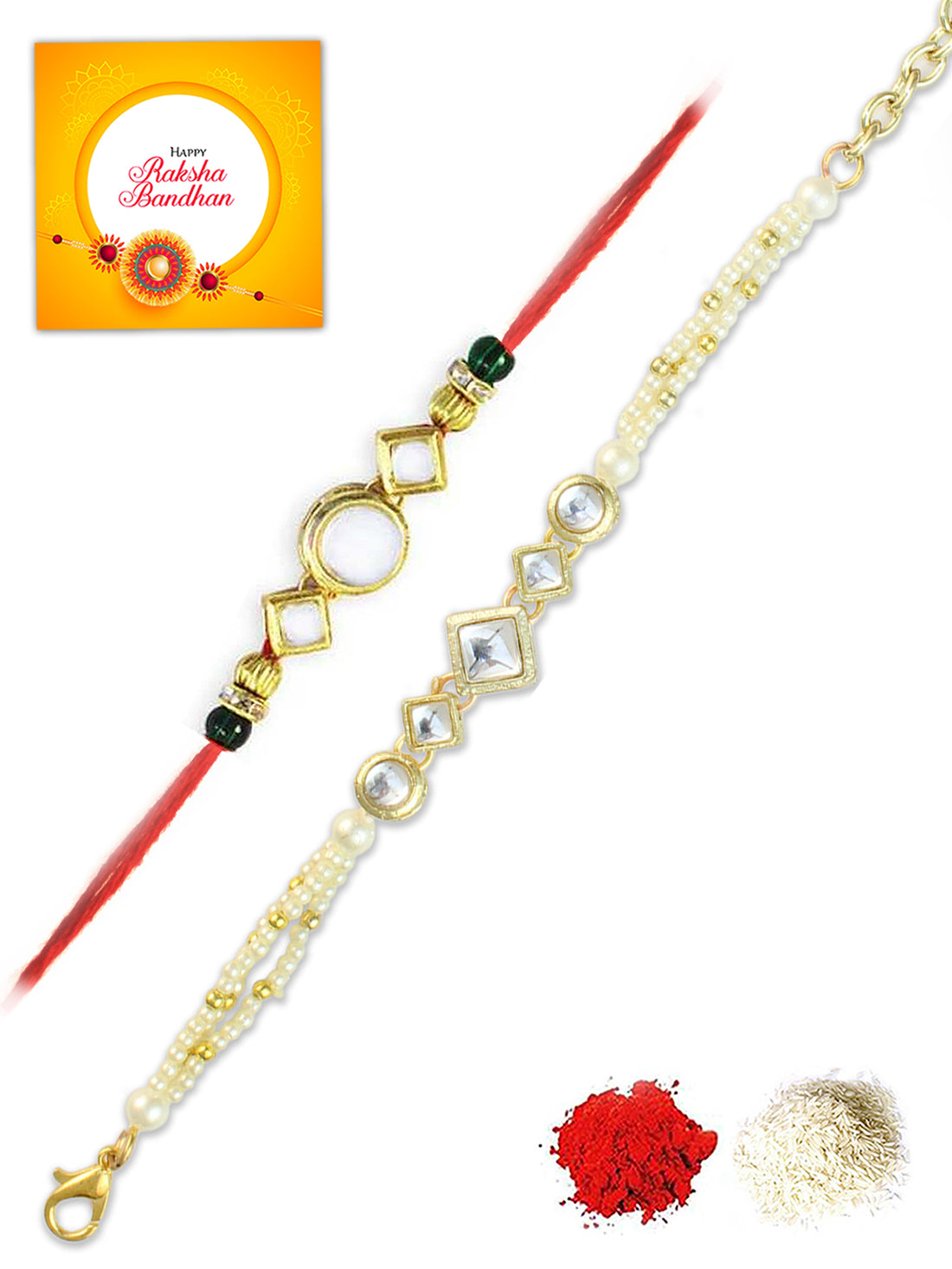 Karatcart Rakhi for Brother and Bhabhi Set of 2 Gold Plated Handmade Kundan Bhiya Bhabhi Rakhi Combo with Roli & Chawal