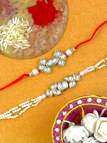 Karatcart Rakhi for Brother and Bhabhi Set of 2 Gold Plated Handmade Kundan Bhiya Bhabhi Rakhi Combo with Roli & Chawal