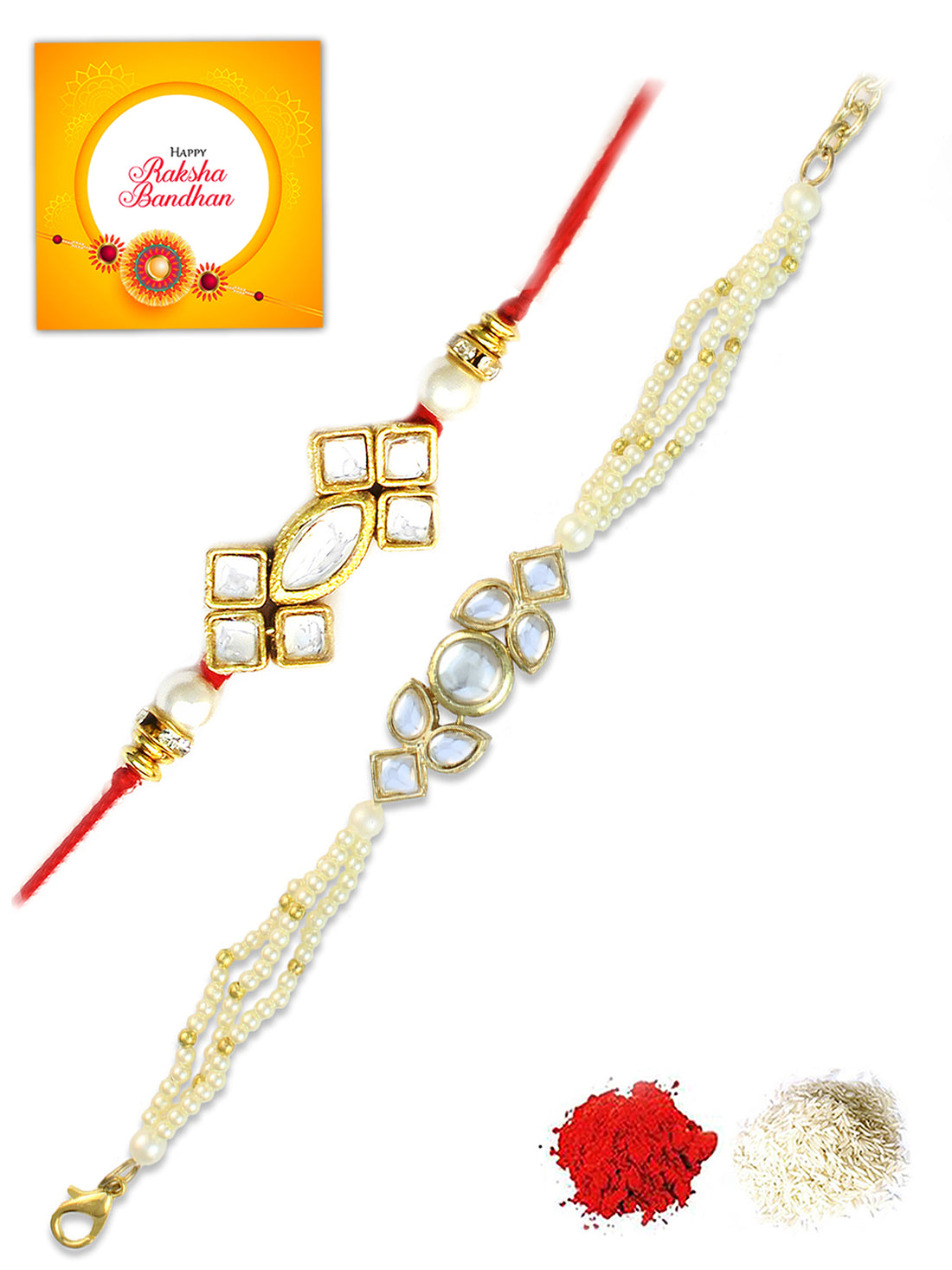 Karatcart Rakhi for Brother and Bhabhi Set of 2 Gold Plated Handmade Kundan Bhiya Bhabhi Rakhi Combo with Roli & Chawal