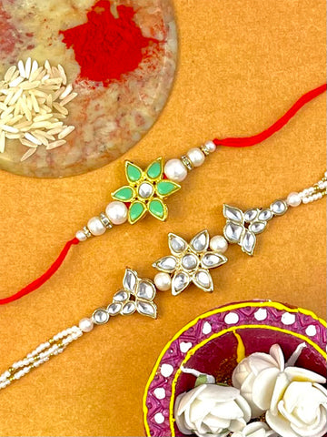 Karatcart Rakhi for Brother and Bhabhi Set of 2 Gold Plated Handmade Kundan Bhiya Bhabhi Rakhi Combo with Roli & Chawal