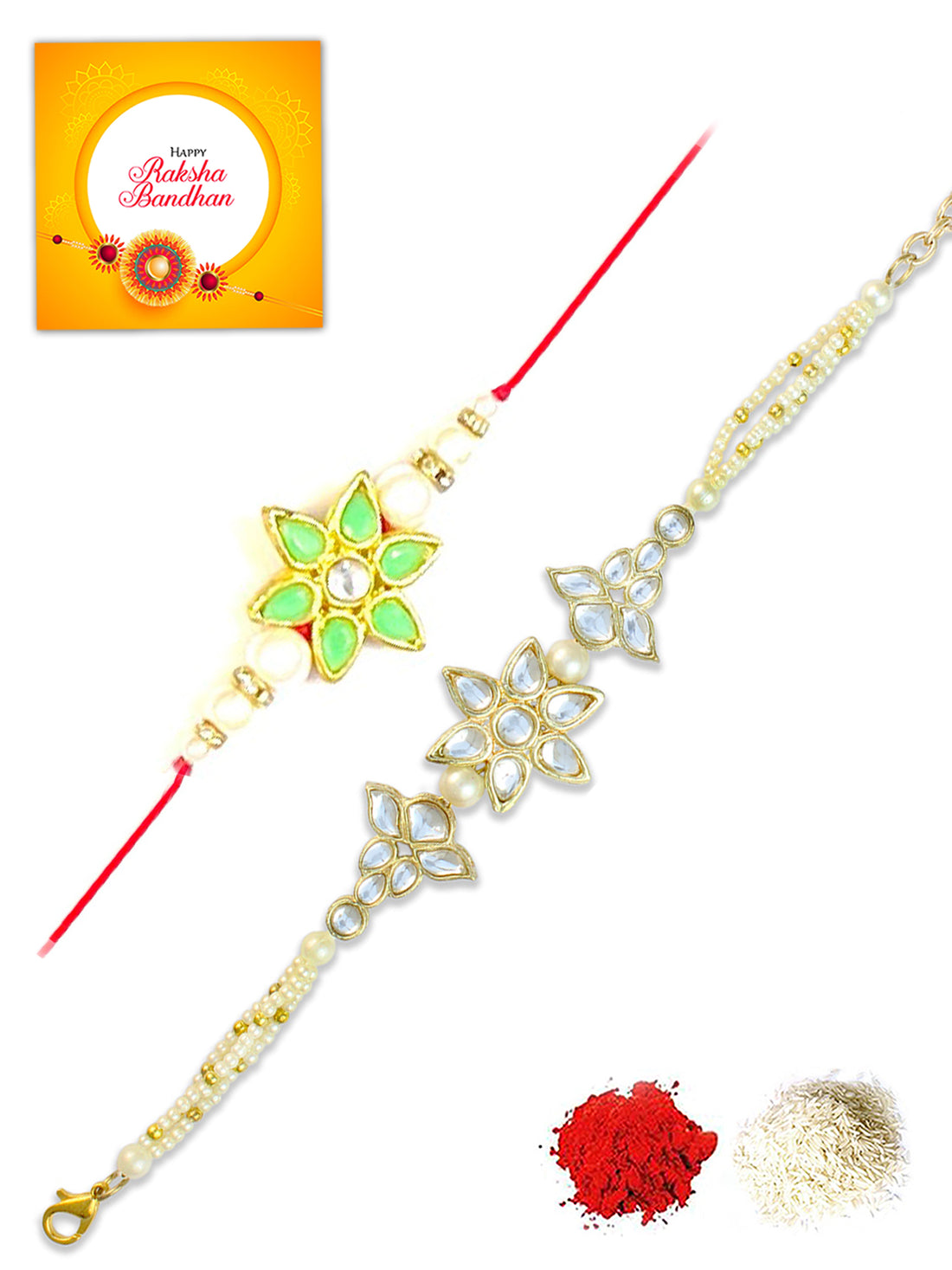 Karatcart Rakhi for Brother and Bhabhi Set of 2 Gold Plated Handmade Kundan Bhiya Bhabhi Rakhi Combo with Roli & Chawal