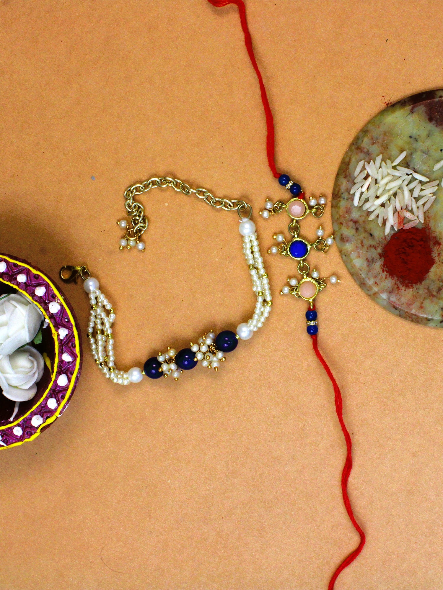 Set of 2 Gold Plated Handmade Kundan Bhaiya Bhabhi Rakhi Combo