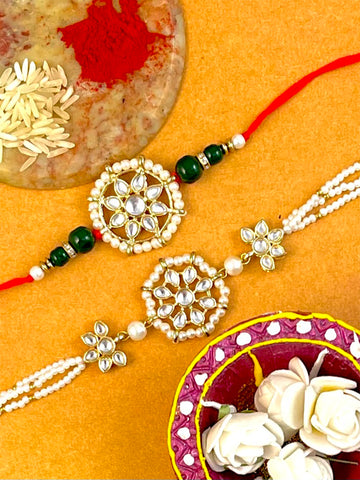 Karatcart Rakhi for Brother and Bhabhi Set of 2 Gold Plated Handmade Kundan Bhiya Bhabhi Rakhi Combo with Roli & Chawal