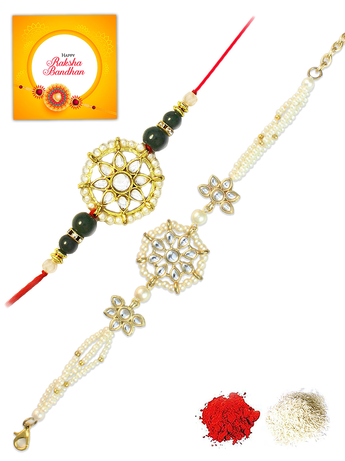 Karatcart Rakhi for Brother and Bhabhi Set of 2 Gold Plated Handmade Kundan Bhiya Bhabhi Rakhi Combo with Roli & Chawal