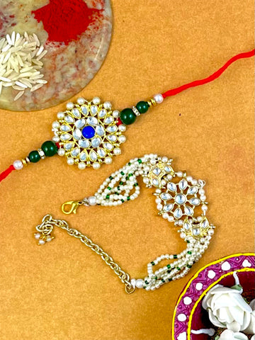 Karatcart Rakhi for Brother and Bhabhi Set of 2 Gold Plated Handmade Kundan Bhiya Bhabhi Rakhi Combo with Roli & Chawal