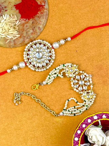 Karatcart Rakhi for Brother and Bhabhi Set of 2 Gold Plated Handmade Kundan Bhiya Bhabhi Rakhi Combo with Roli & Chawal