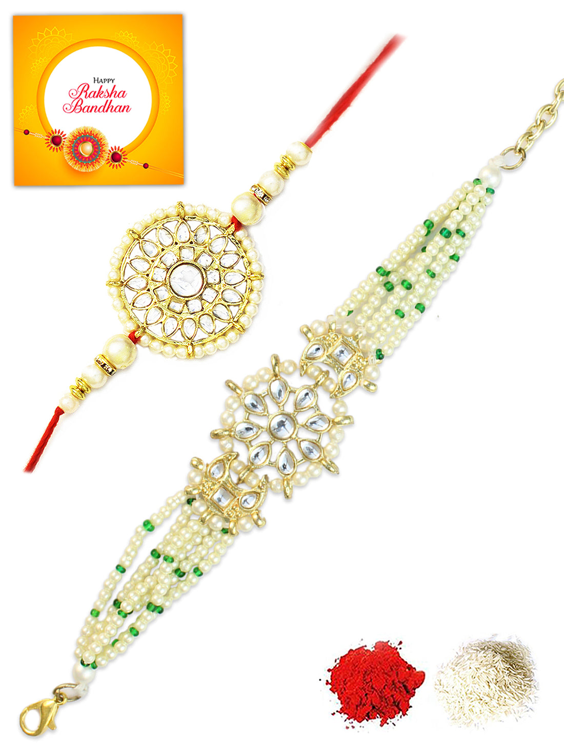 Karatcart Rakhi for Brother and Bhabhi Set of 2 Gold Plated Handmade Kundan Bhiya Bhabhi Rakhi Combo with Roli & Chawal