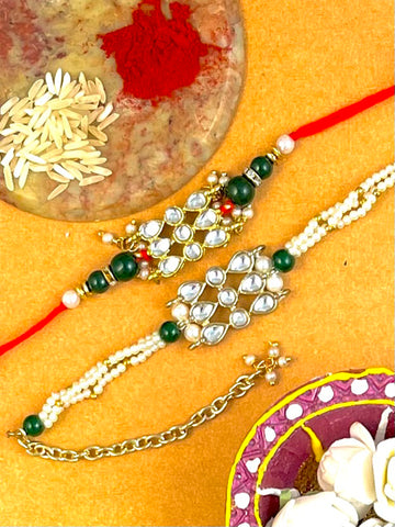 Karatcart Rakhi for Brother and Bhabhi Set of 2 Gold Plated Handmade Kundan Bhiya Bhabhi Rakhi Combo with Roli & Chawal