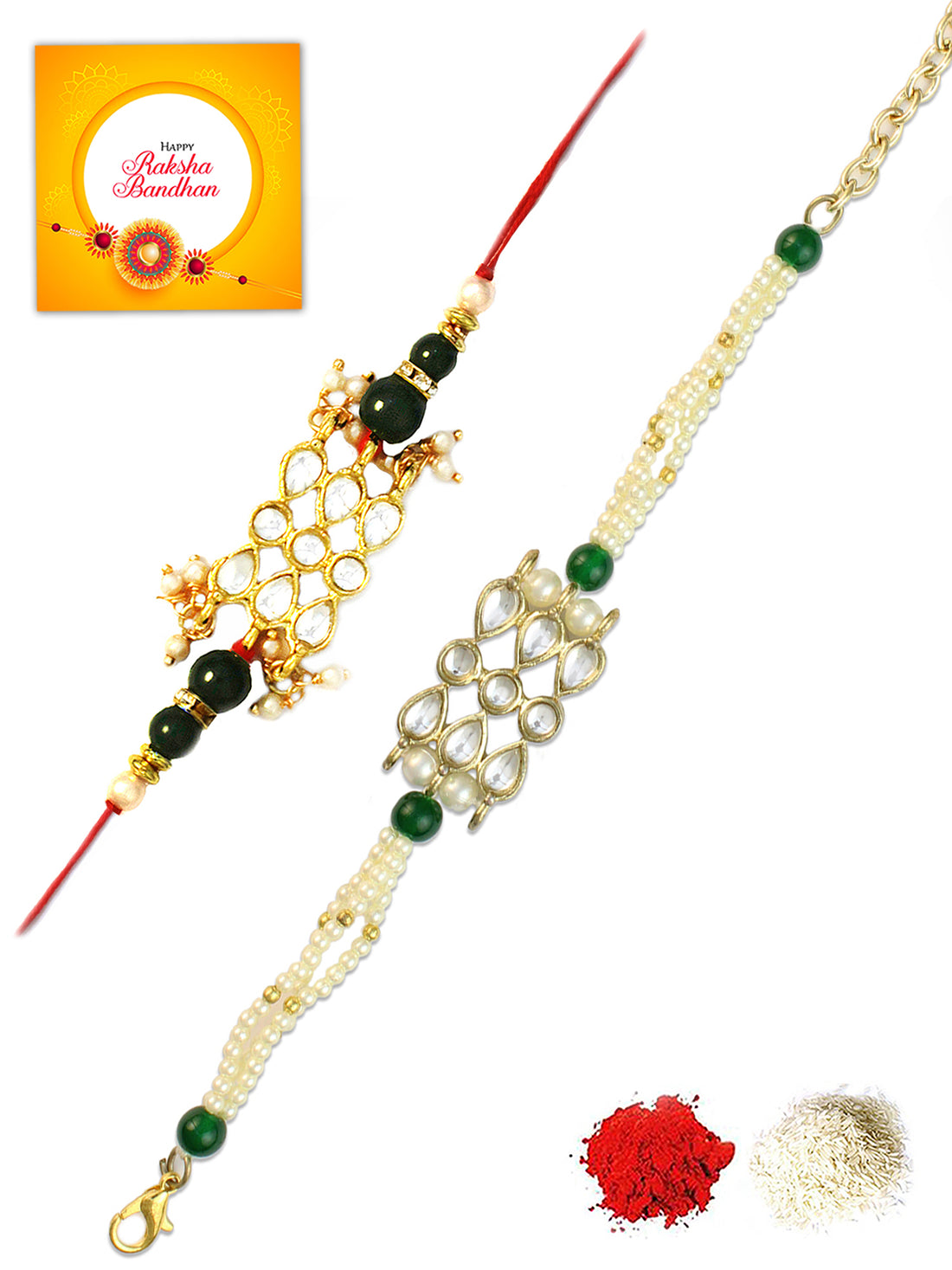 Karatcart Rakhi for Brother and Bhabhi Set of 2 Gold Plated Handmade Kundan Bhiya Bhabhi Rakhi Combo with Roli & Chawal